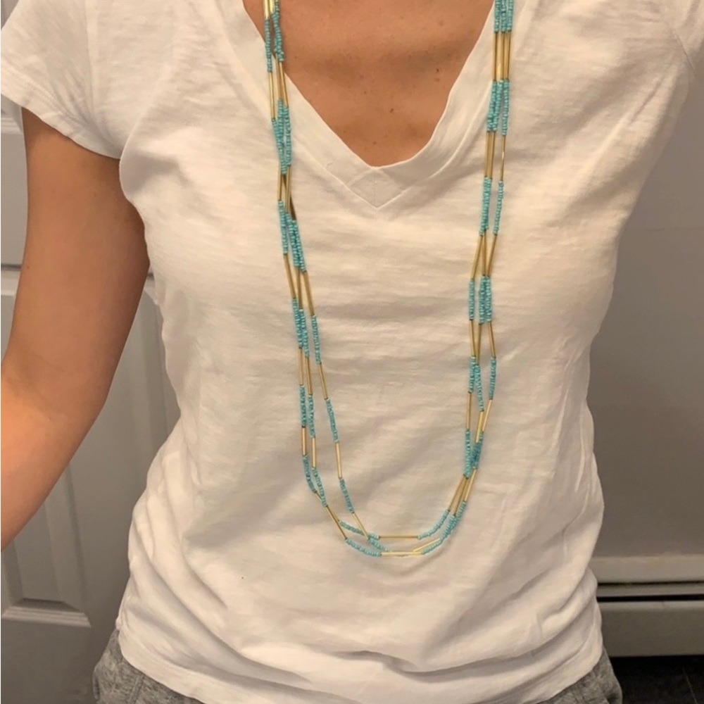 Roberta Roller Rabbit Piper three strand aqua and gold necklace